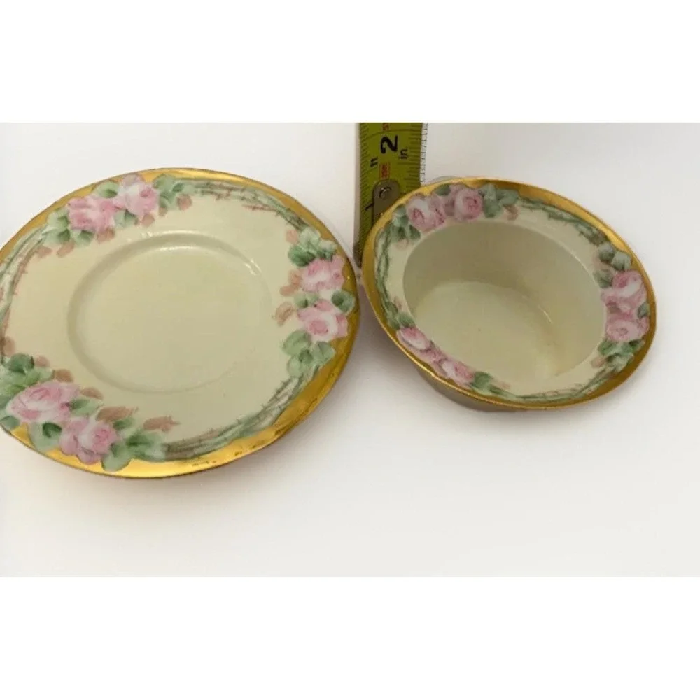 Antique Ramekin and Saucer Weimar Regency Side Dish Hand Painted Gold Rose VTG